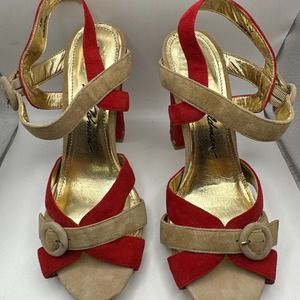 Beverly Feldman Lara Fantasy Red Camel Kid Suede Sample Sandal NWOT Size 6.5